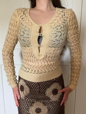 Catherine Malandrino Cream Pointelle Knit Long-Sleeve Sweater with Clasps